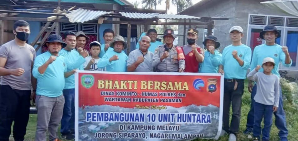 Bangun 10 Huntara Di Malampah, Dinas Kominfo, Humas Polres Dan PWI Pasaman Lakukan Kerja Bhakti